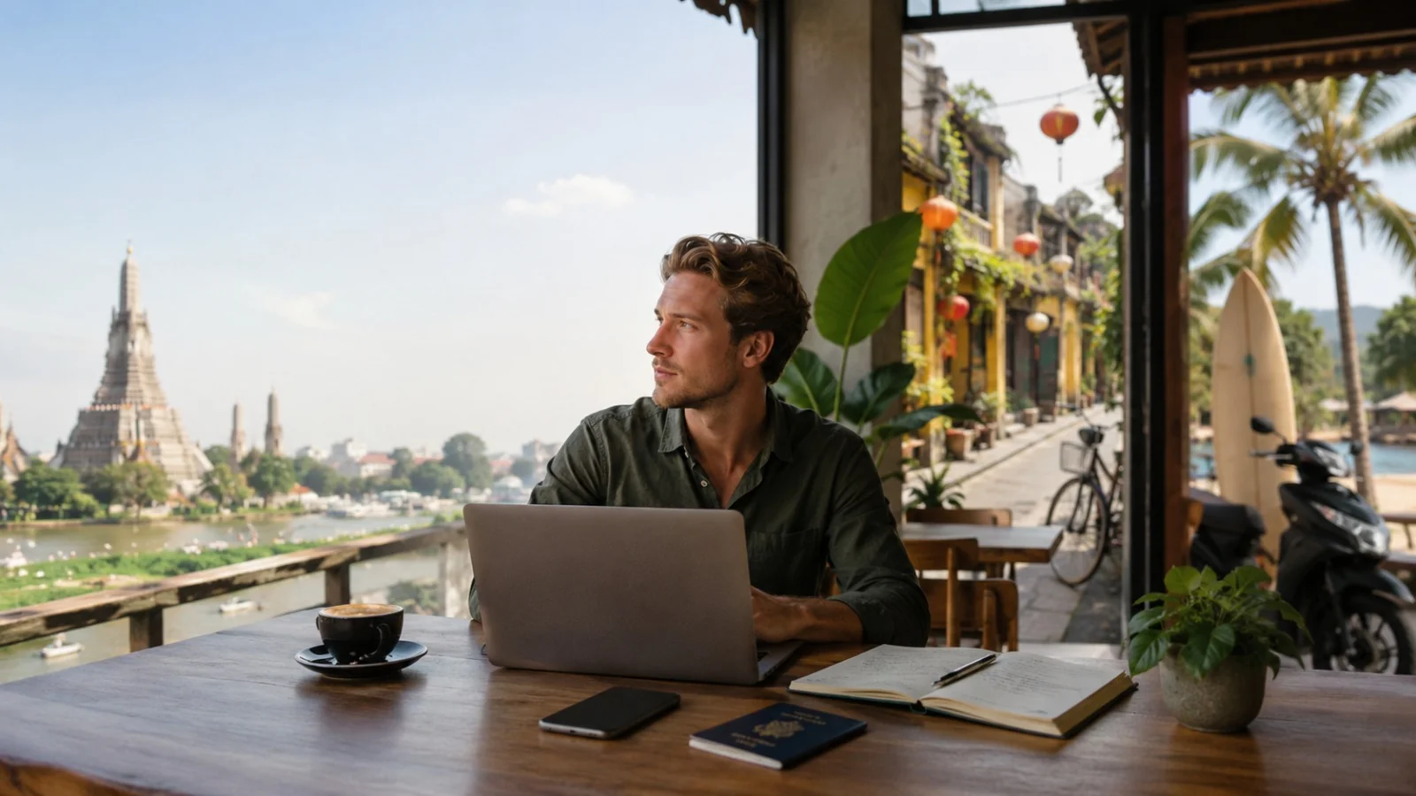 Un travailleur à distance comparant les options de visa pour la Thaïlande, le Vietnam et Bali avec un passeport, un ordinateur portable et un café sur une table de café.